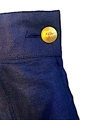 CHANEL PARIS. Blue Silk/Linen Logo Button Skirt