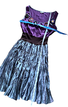 MIU MIU ITALY. Vintage 1990s collection Silk Eggplant/Bluish Pleated Skirt Embellished Dress