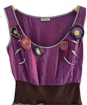 MIU MIU ITALY. Vintage 1990s collection Silk Eggplant/Bluish Pleated Skirt Embellished Dress