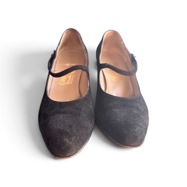 Ferragamo ITALY. Classic Black Suede Mary Jane Heels