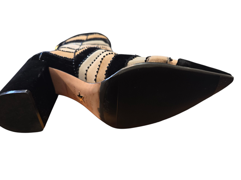 Christian Dior PARIS. Black Brown Block Heel Chevron Pattern Velvet Striped Beaded Boots Size 37