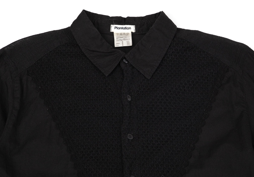 Issey Miyake Japan. PLANTATION. Black Dyed Lace Switching Long Sleeve Shirt