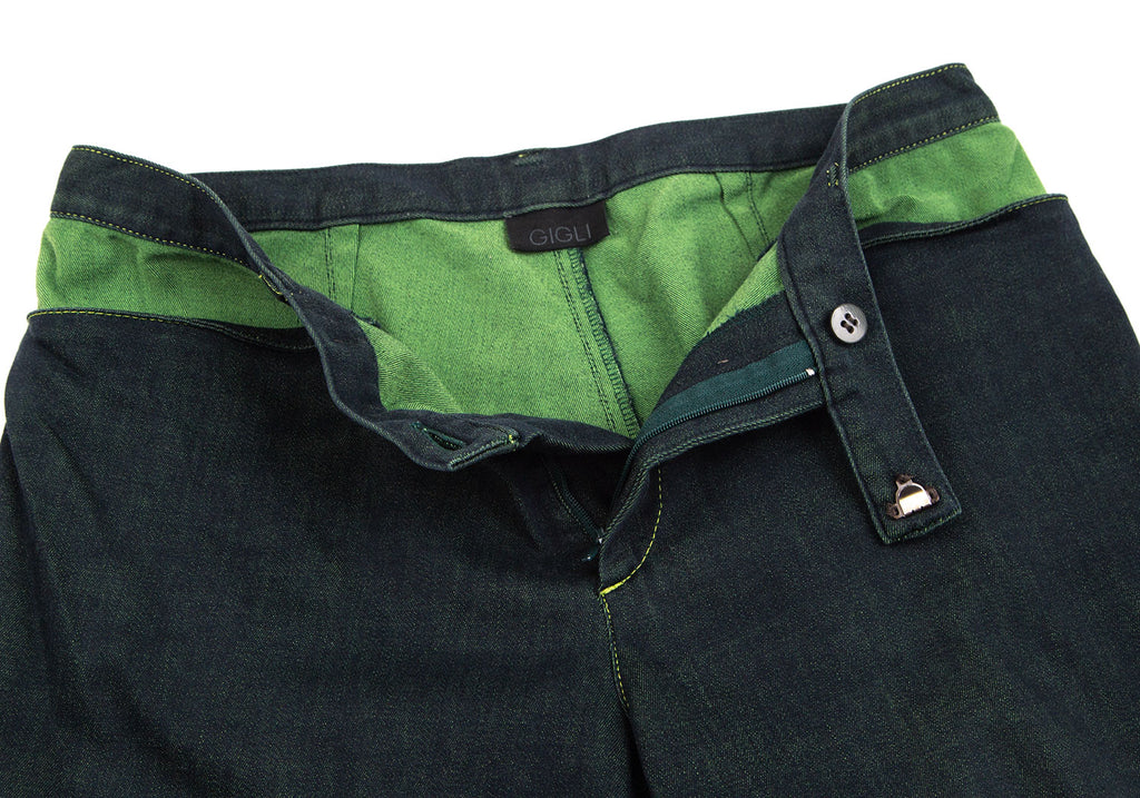 ROMEO GIGLI ITALY. Navy, Green Accents Stretched Flare Pants