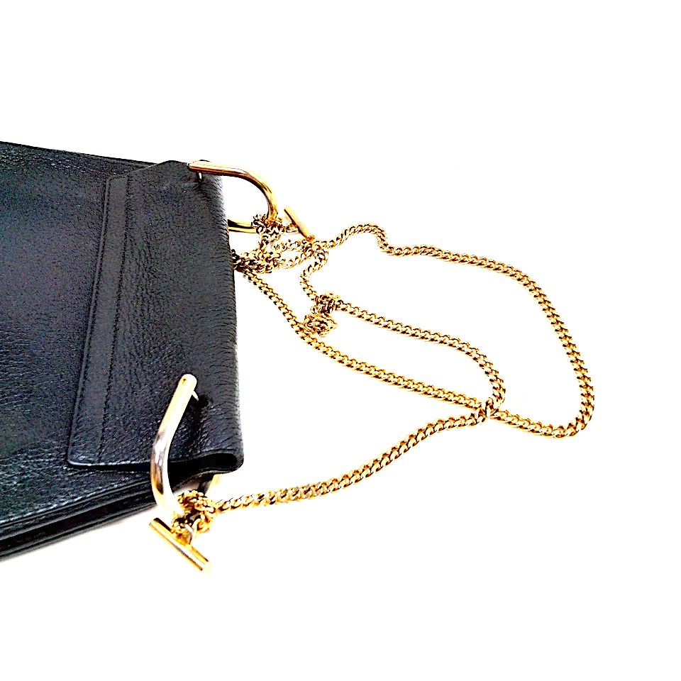 CHLOE PARIS. Black Leather Shoulder Bag Goldplated Hardware and Chain
