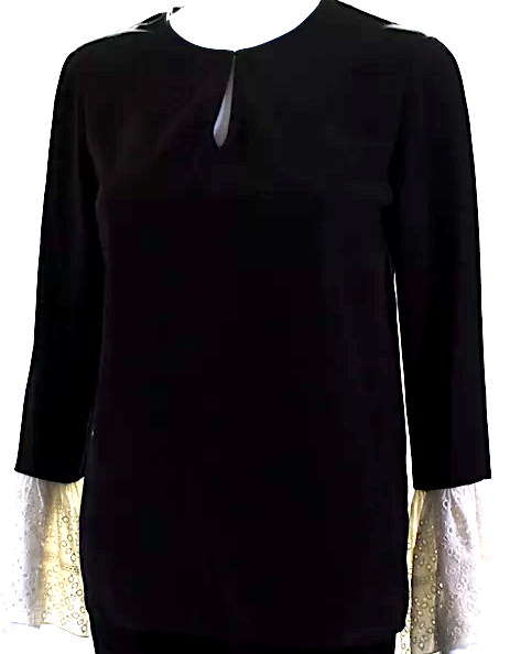 Saint Laurent Paris. Black Crepe Eyelet Bell Sleeve V-Neck Blouse Top
