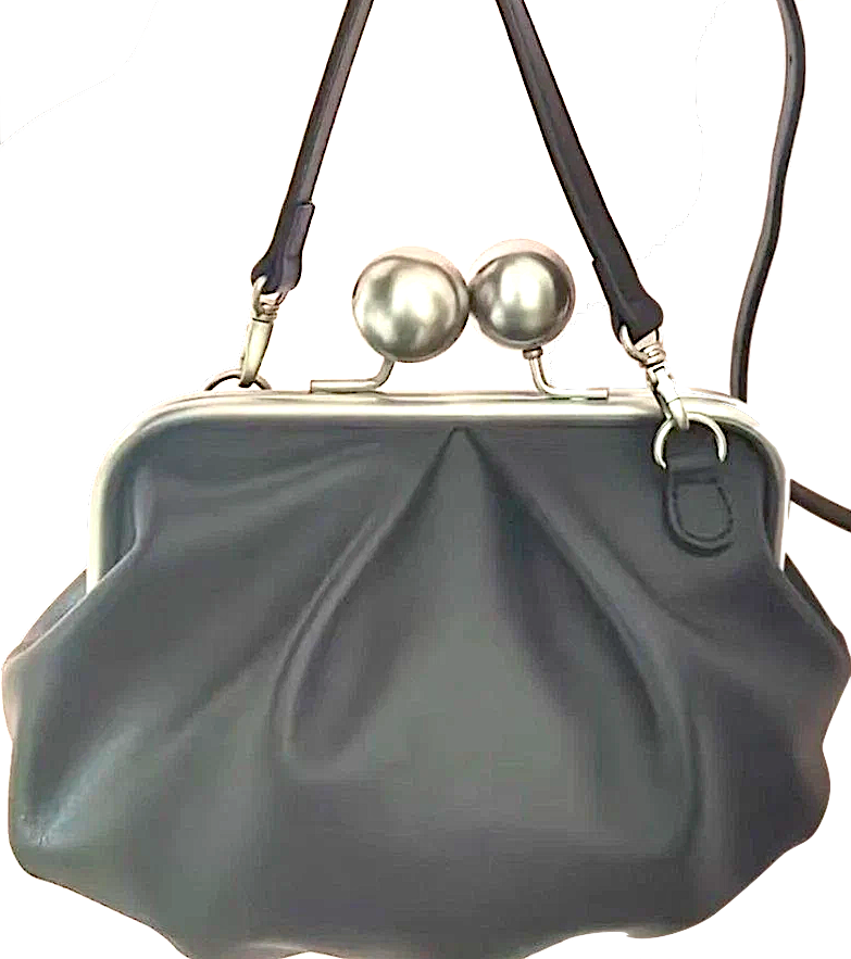 Kawa-Kawa Japan. NWOT. NEW. Black Leather Oversized Kiss Lock Shoulder Bag / Crossbody Bag / Removable Long Strap