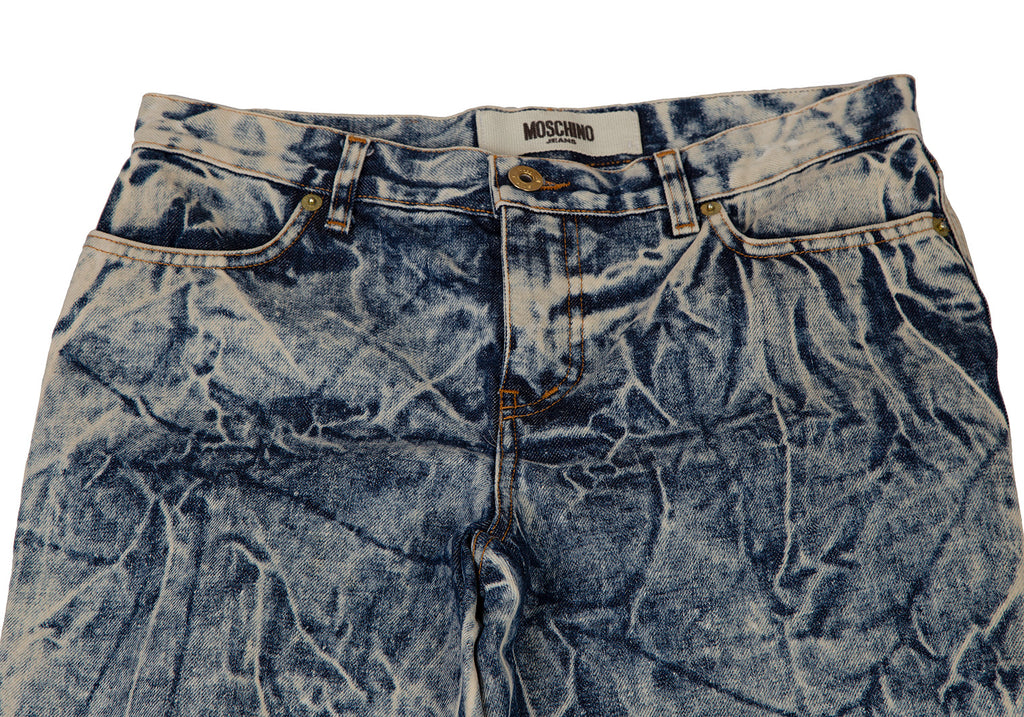 Moschino Italy. Indigo Chemical Wash Bootcut Jeans