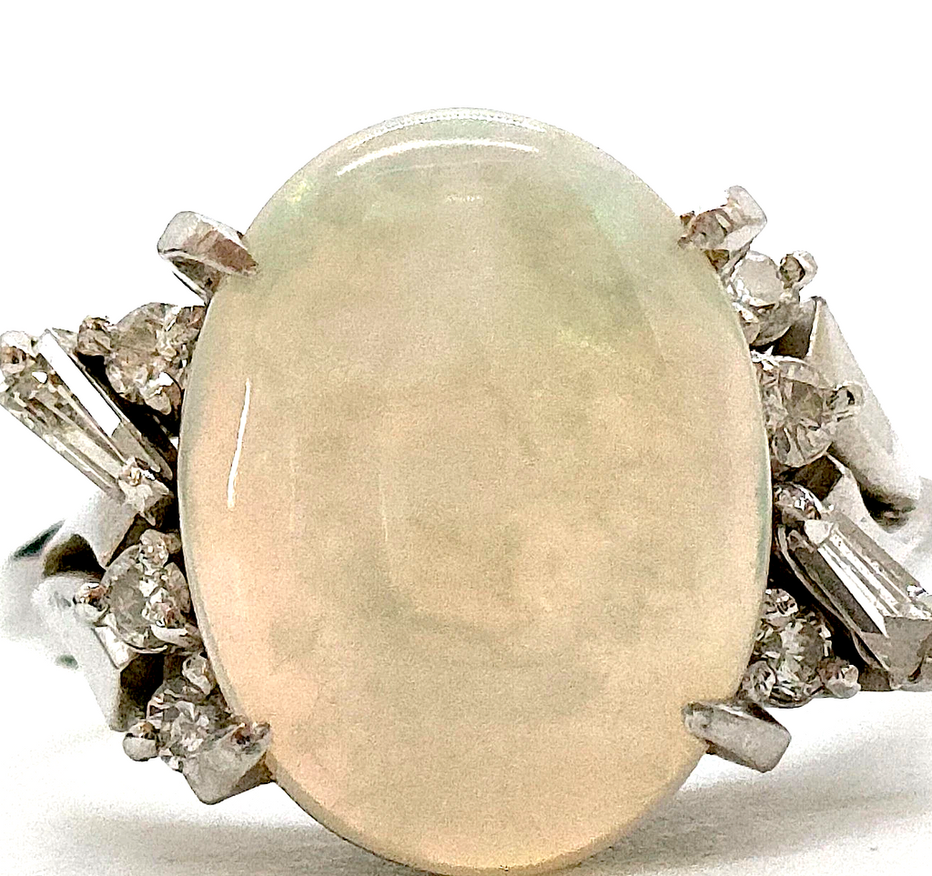 Vintage Platinum Marked Ring Opal 3.1ct White Florescent Opal w/Diamonds