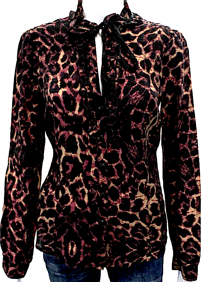 DONNA KARAN DKNY Jeans NY. Multi-Color Animal Print Collared Long Sleeve Blouse