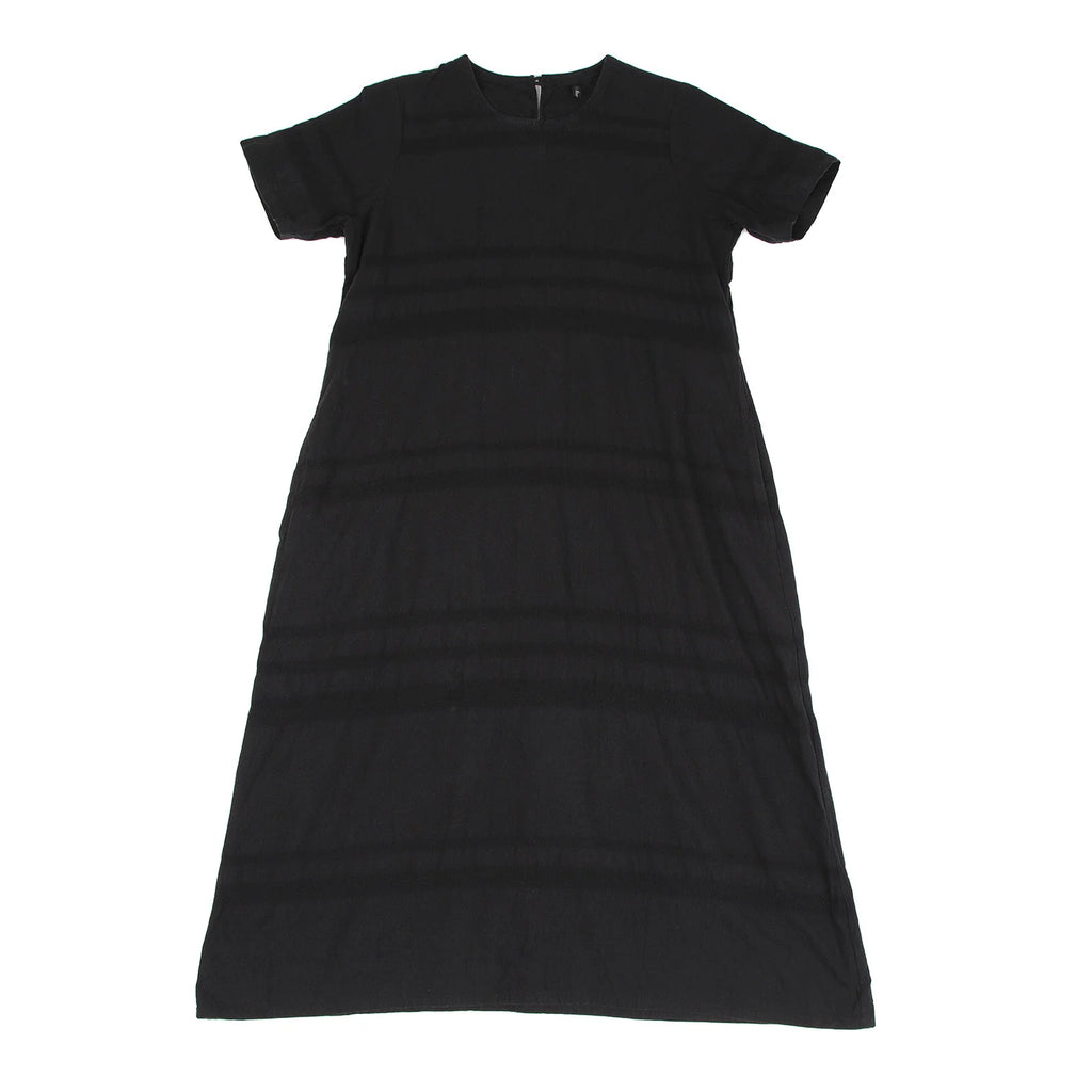 YOHJI YAMAMOTO JAPAN. Y's for living Black Cotton Stripe Woven Short Sleeve Keyhole Back Accent Dress