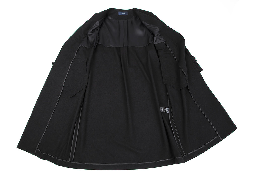 SHIPS JAPAN. Black Collarless Belted Wrap Poly Coat