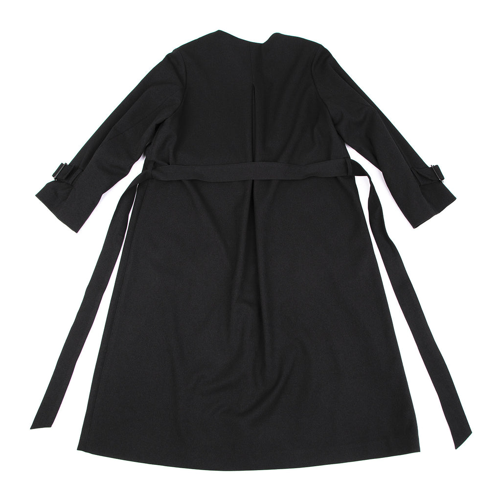 SHIPS JAPAN. Black Collarless Belted Wrap Poly Coat