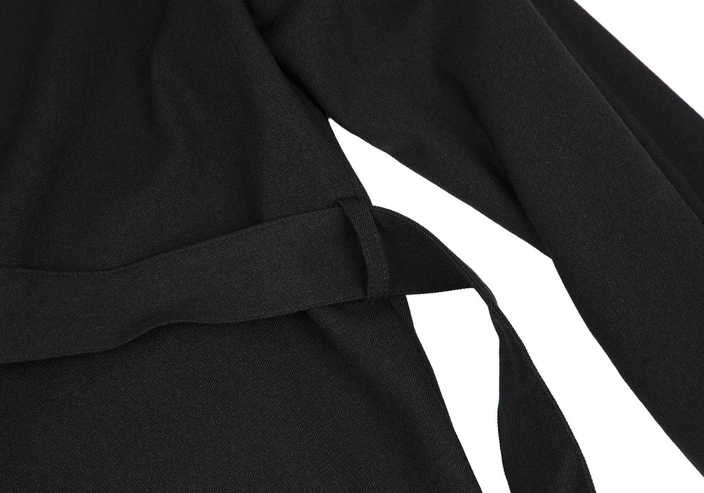 SHIPS JAPAN. Black Collarless Belted Wrap Poly Coat