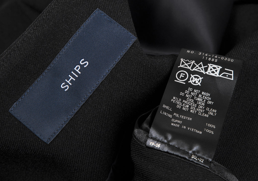 SHIPS JAPAN. Black Collarless Belted Wrap Poly Coat