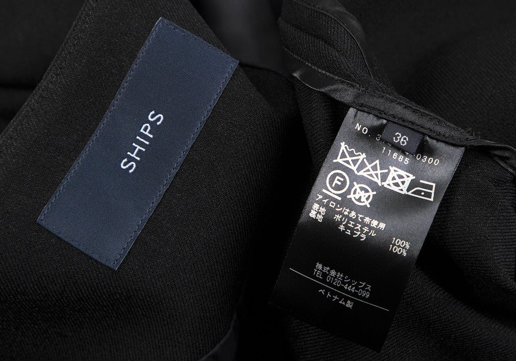 SHIPS JAPAN. Black Collarless Belted Wrap Poly Coat