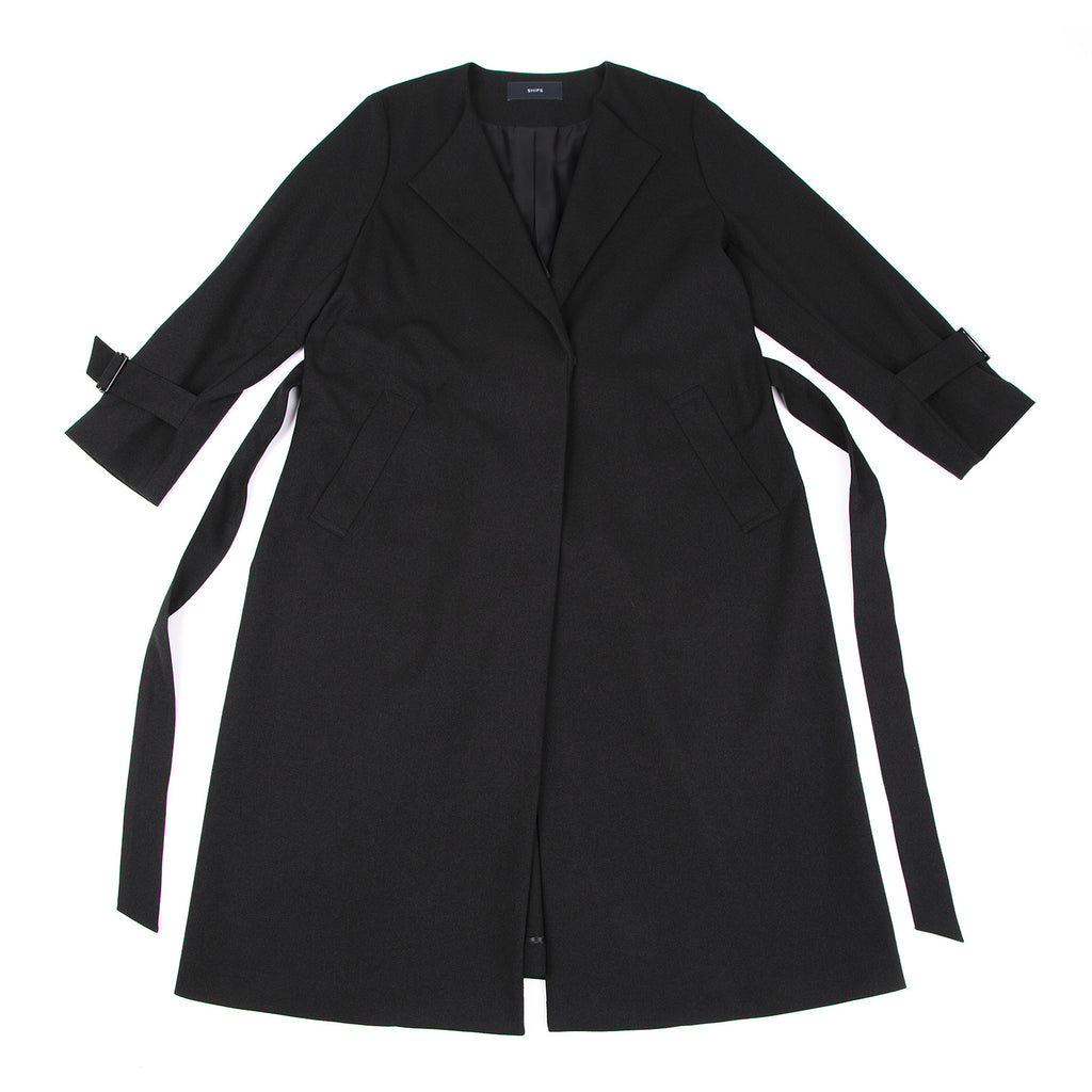 SHIPS JAPAN. Black Collarless Belted Wrap Poly Coat