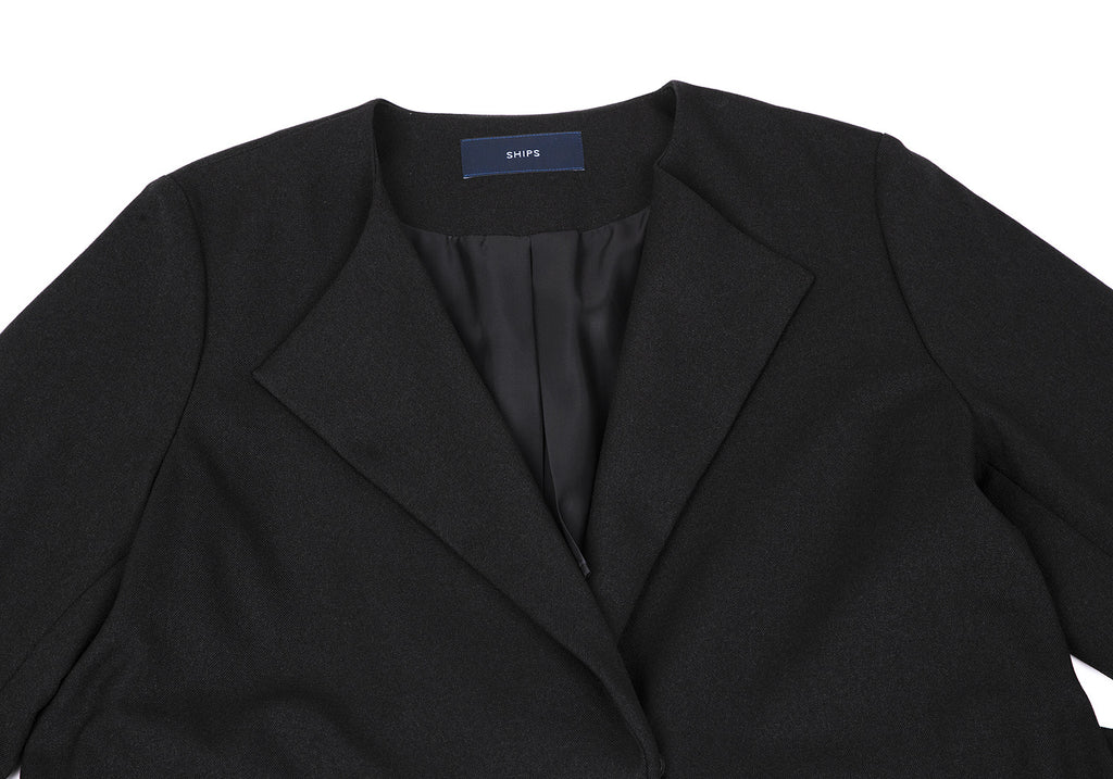 SHIPS JAPAN. Black Collarless Belted Wrap Poly Coat