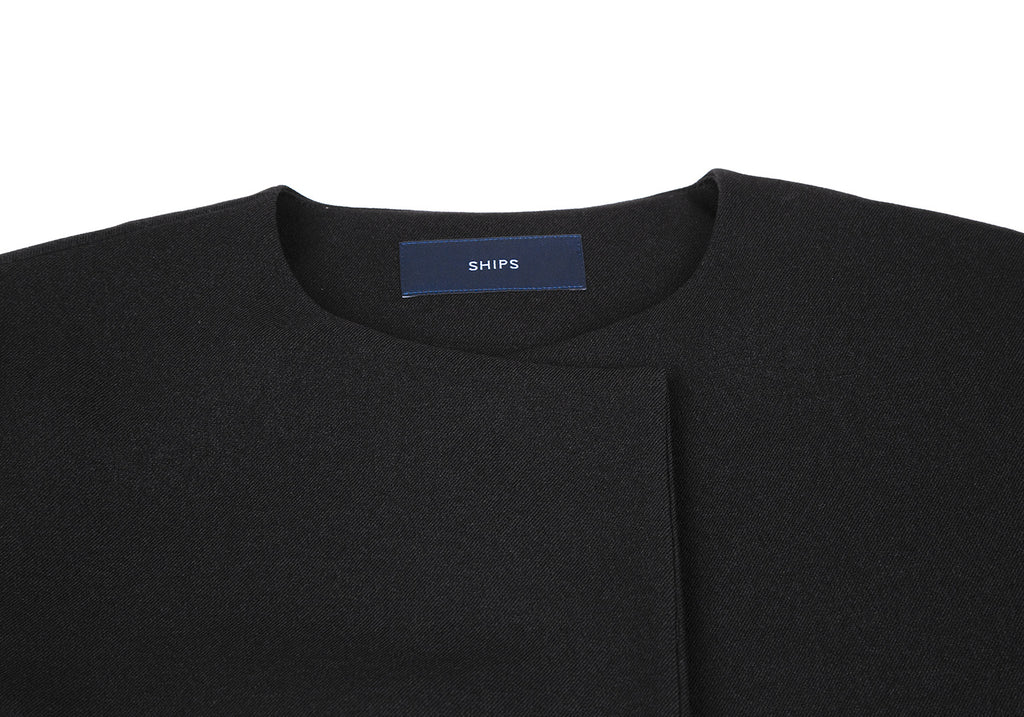 SHIPS JAPAN. Black Collarless Belted Wrap Poly Coat