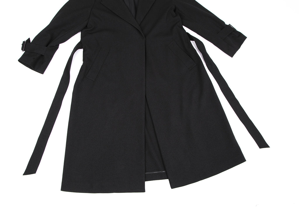SHIPS JAPAN. Black Collarless Belted Wrap Poly Coat