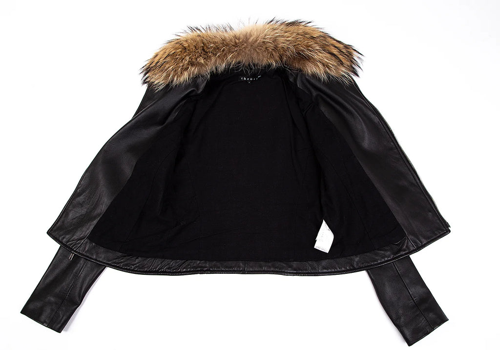 THYSKEN'S THEORY. Raccoon Fur Collar Black LambskinLeather Biker Jacket / Evening Jacket. MANY MORE FURS AND FAUX FURS IN STORE NOW