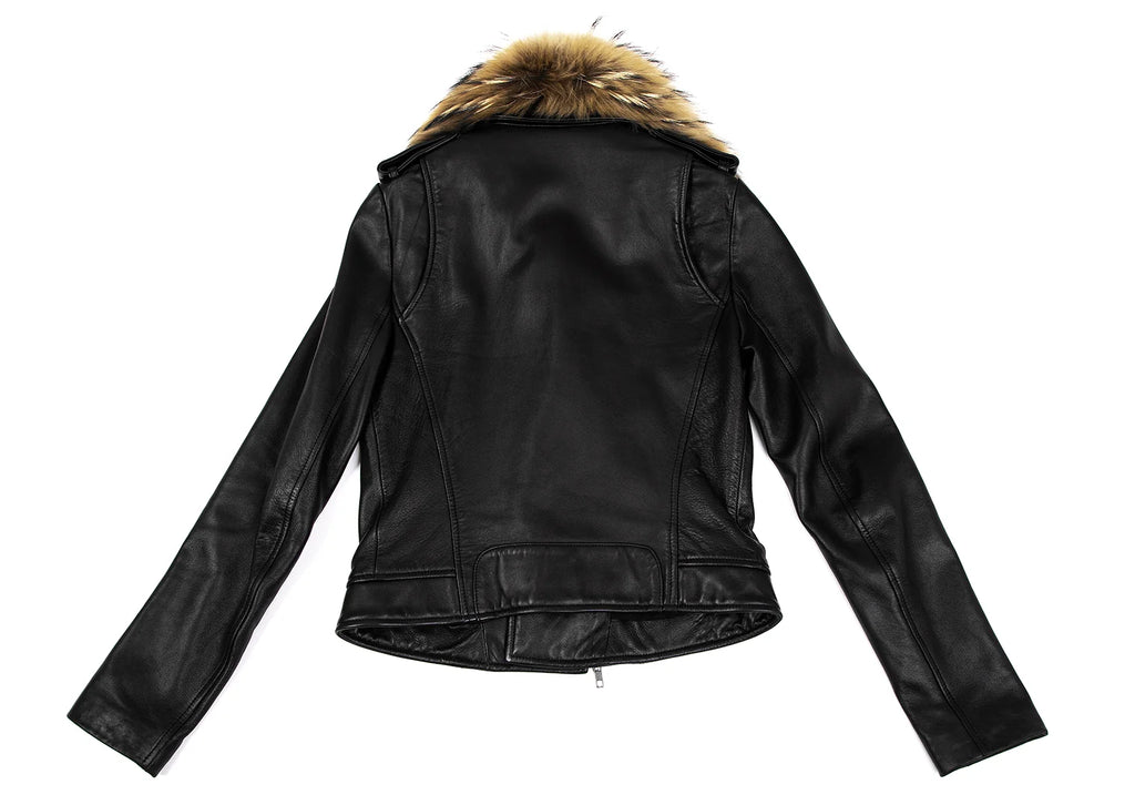 THYSKEN'S THEORY. Raccoon Fur Collar Black LambskinLeather Biker Jacket / Evening Jacket. MANY MORE FURS AND FAUX FURS IN STORE NOW