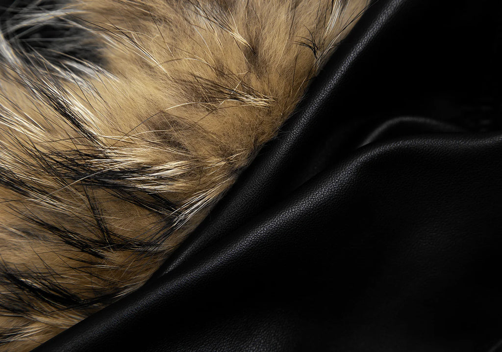 THYSKEN'S THEORY. Raccoon Fur Collar Black LambskinLeather Biker Jacket / Evening Jacket. MANY MORE FURS AND FAUX FURS IN STORE NOW
