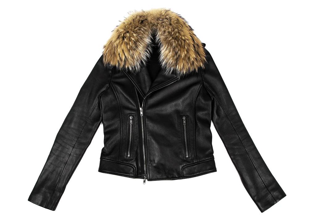THYSKEN'S THEORY. Raccoon Fur Collar Black LambskinLeather Biker Jacket / Evening Jacket. MANY MORE FURS AND FAUX FURS IN STORE NOW