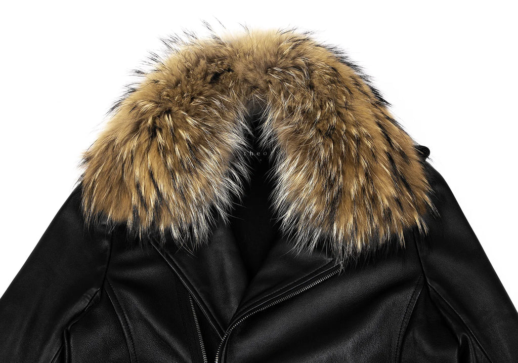 THYSKEN'S THEORY. Raccoon Fur Collar Black LambskinLeather Biker Jacket / Evening Jacket. MANY MORE FURS AND FAUX FURS IN STORE NOW