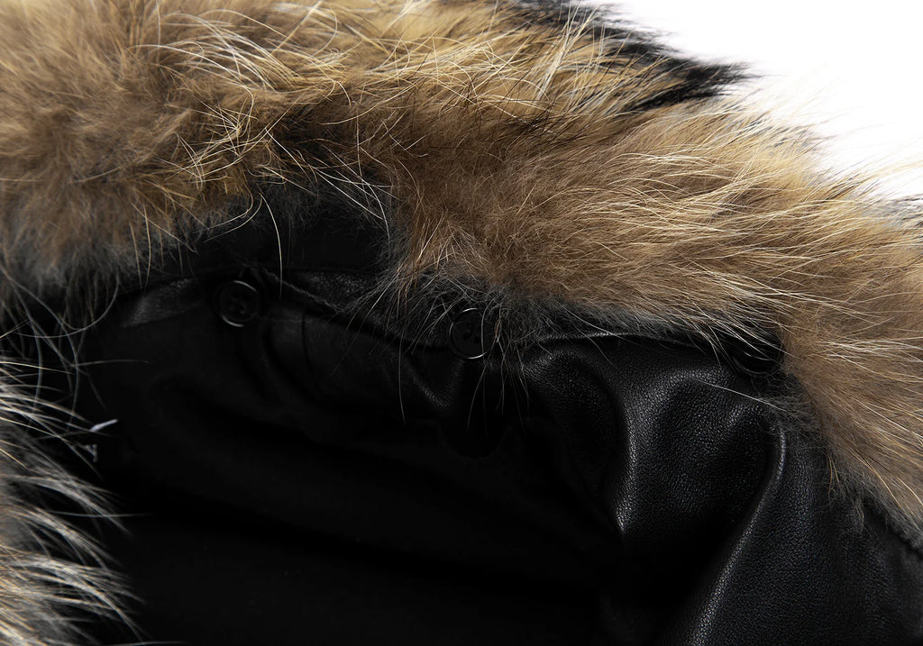THYSKEN'S THEORY. Raccoon Fur Collar Black LambskinLeather Biker Jacket / Evening Jacket. MANY MORE FURS AND FAUX FURS IN STORE NOW
