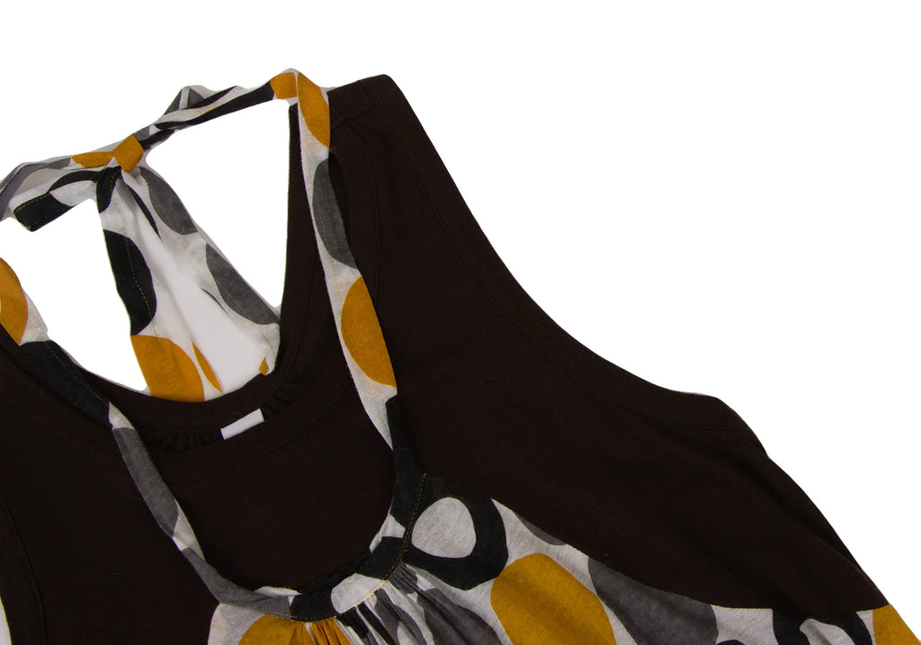 YOHJI YAMAMOTO JAPAN. Y's Cotton/Rayon Blend Circle Dot Brown Printed Switching Sleeveless Dress