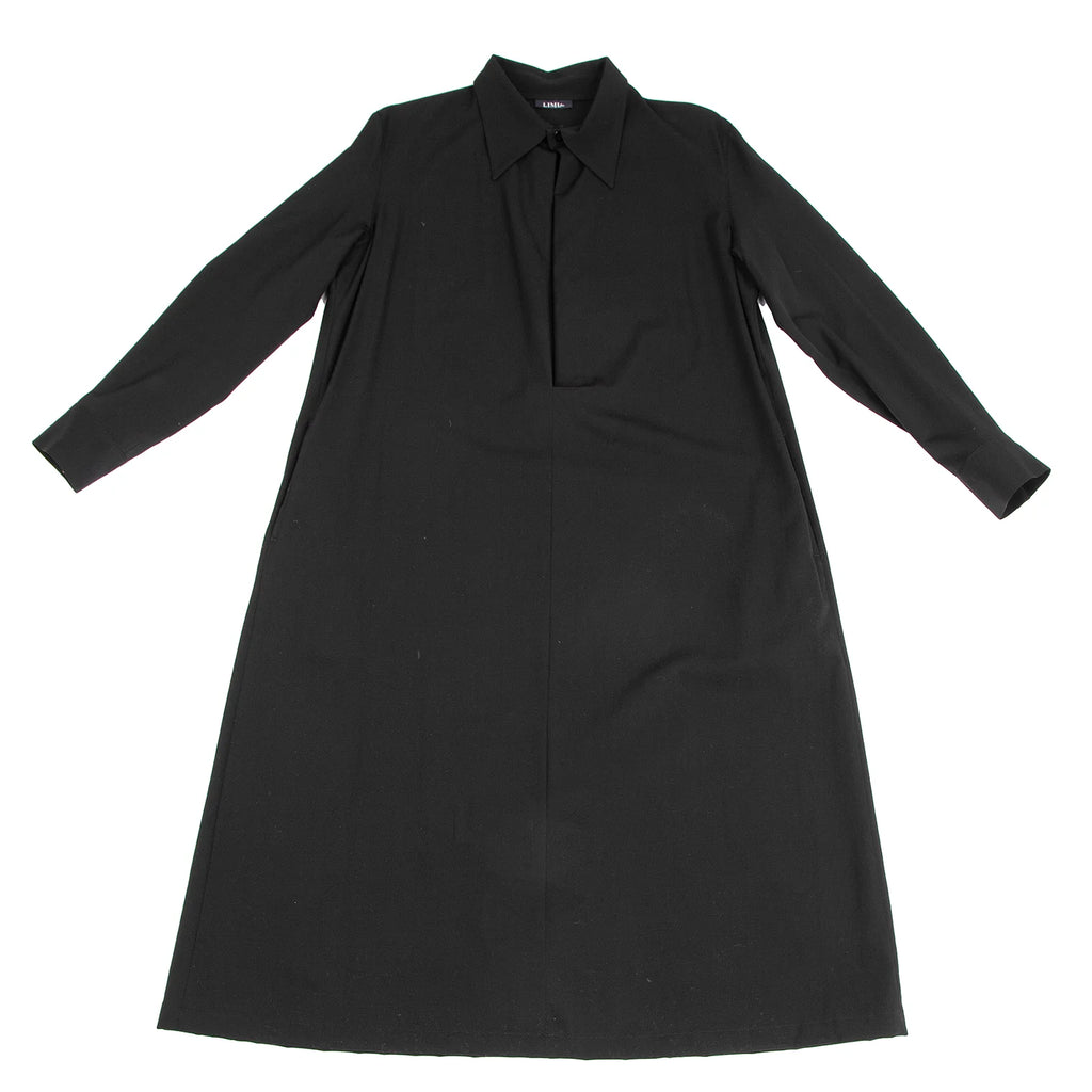 LIMI feu JAPAN. Black Slit Neck Wool Gabardine Dress