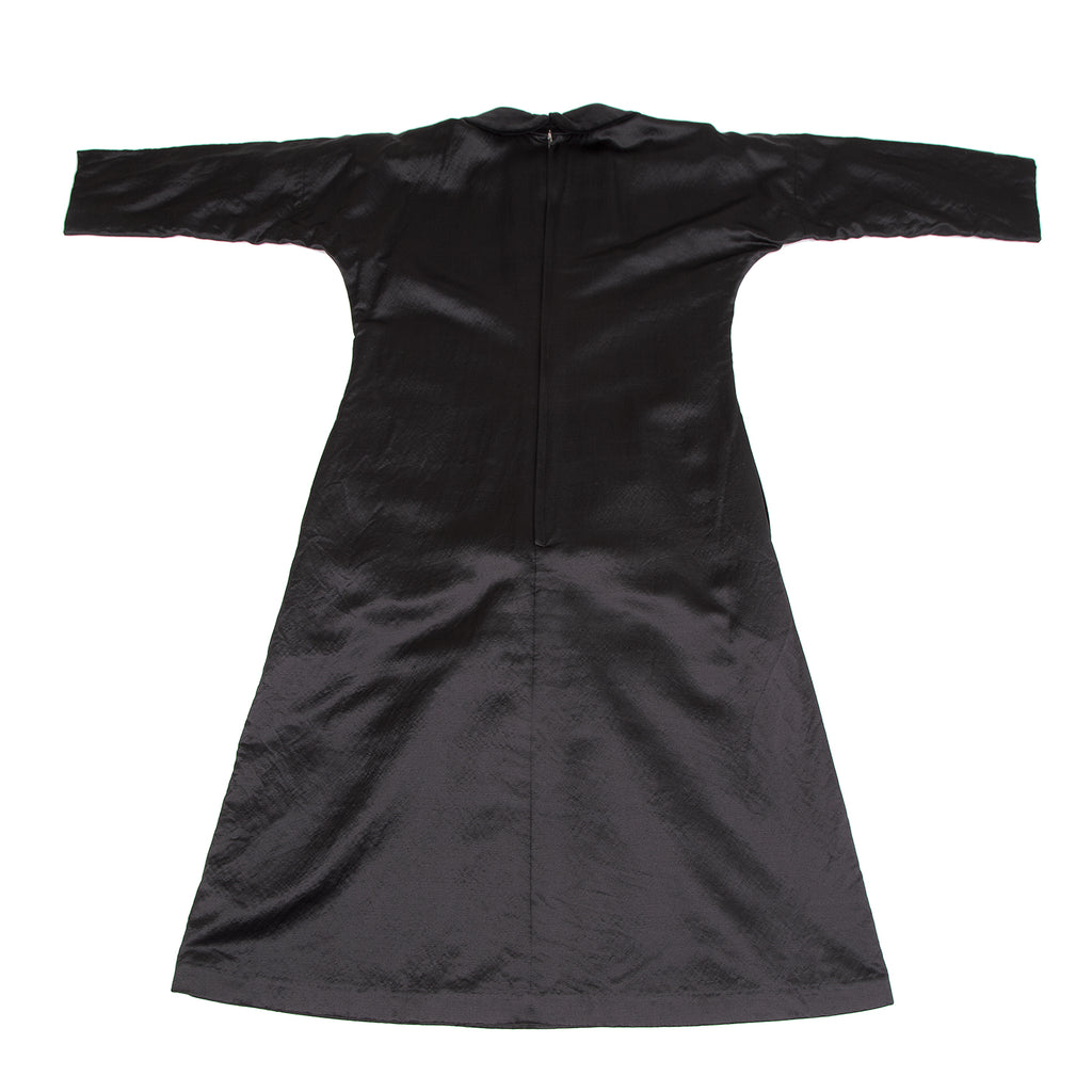 Comme des Garcons Japan. Black Peter Pan Collar Shiny Wool Silk Dress