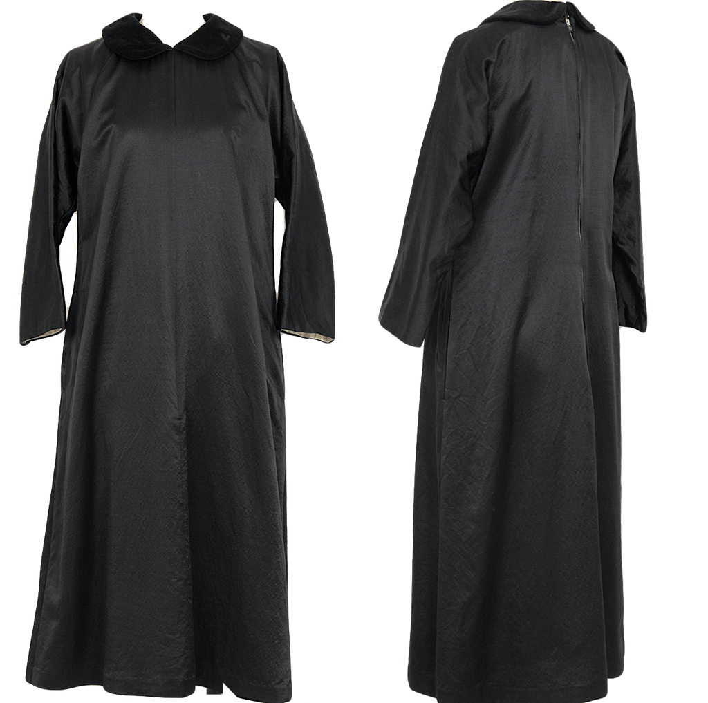 Comme des Garcons Japan. Black Peter Pan Collar Shiny Wool Silk Dress