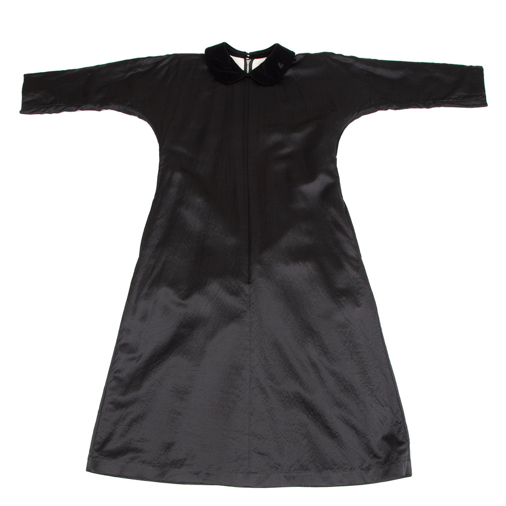Comme des Garcons Japan. Black Peter Pan Collar Shiny Wool Silk Dress