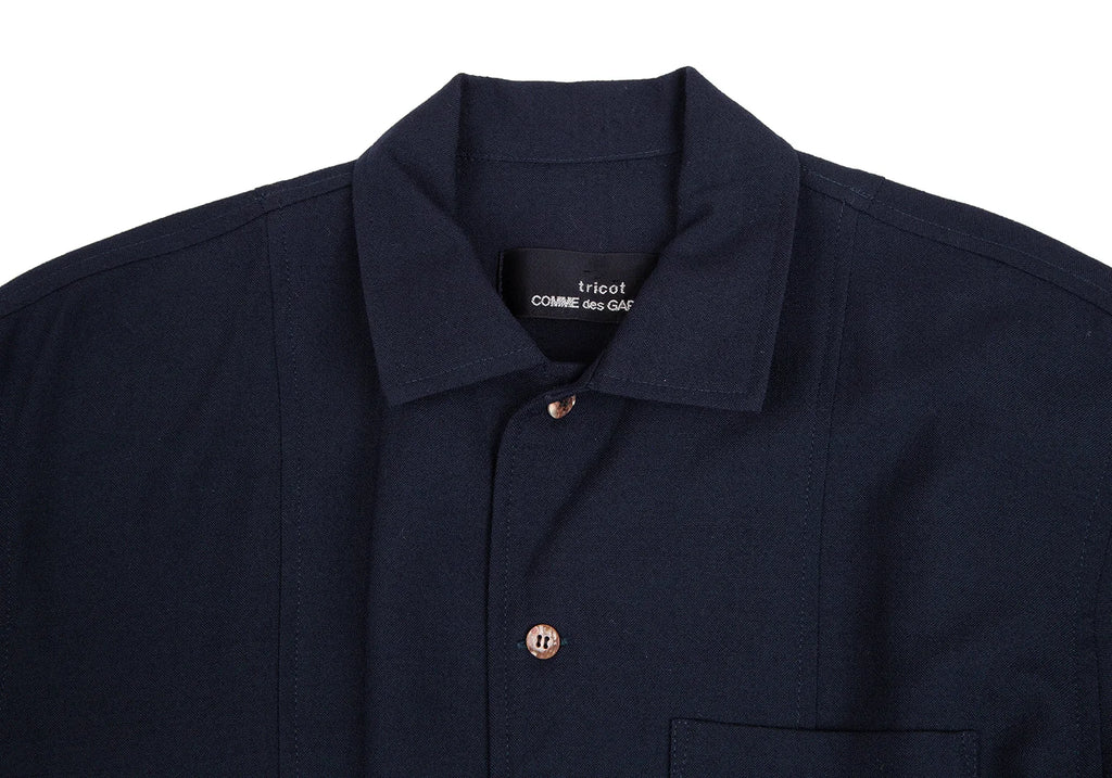 COMME des GARCONS JAPAN. TRICOT. Navy Wool Back Pleated Switching Shirt