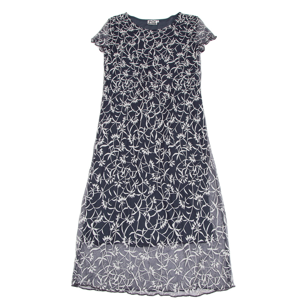 KRIZIA PARIS. Navy Floral Jacquard Chiffon Short Sleeve Dress