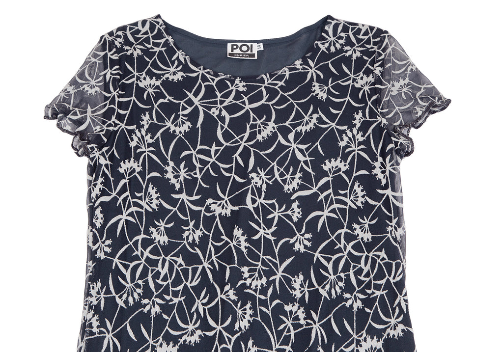 KRIZIA PARIS. Navy Floral Jacquard Chiffon Short Sleeve Dress