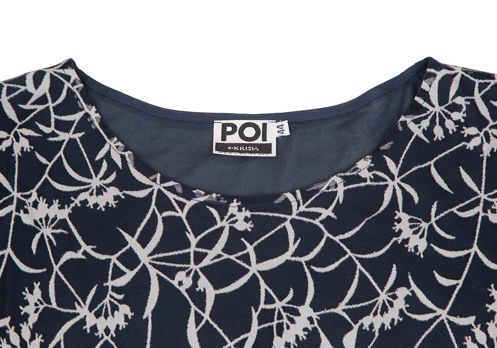 KRIZIA PARIS. Navy Floral Jacquard Chiffon Short Sleeve Dress