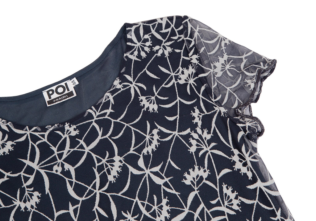 KRIZIA PARIS. Navy Floral Jacquard Chiffon Short Sleeve Dress