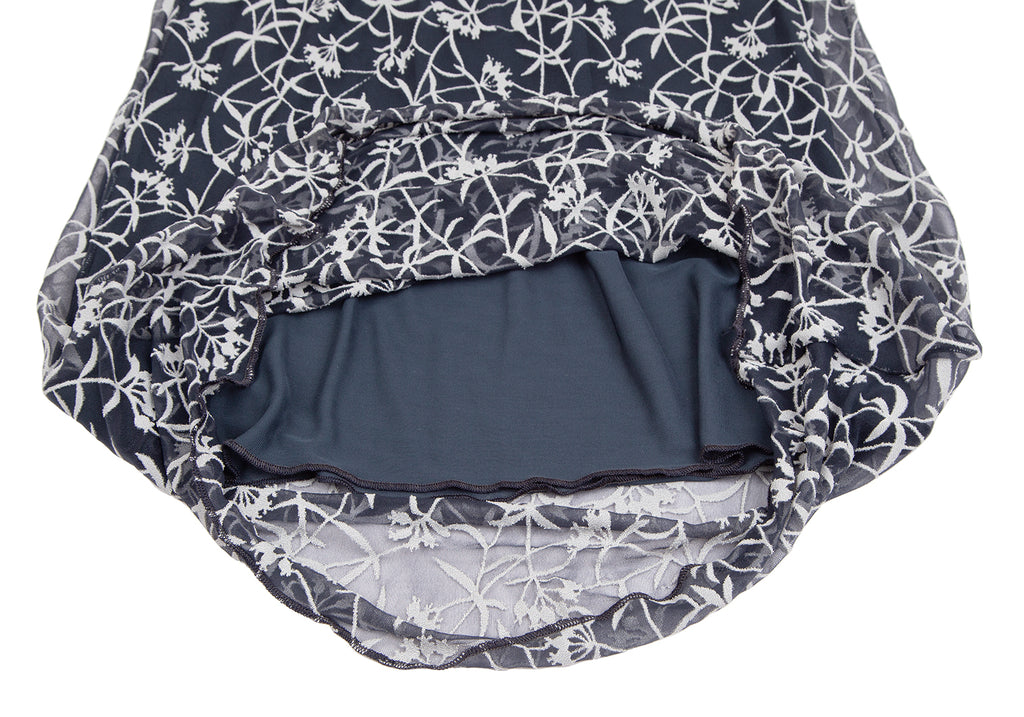 KRIZIA PARIS. Navy Floral Jacquard Chiffon Short Sleeve Dress