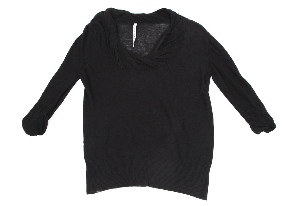Sunaokuwahara Japan. Black Cotton Gather Neck 3/4 Sleeve Knit Sweater