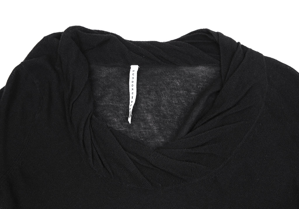 Sunaokuwahara Japan. Black Cotton Gather Neck 3/4 Sleeve Knit Sweater
