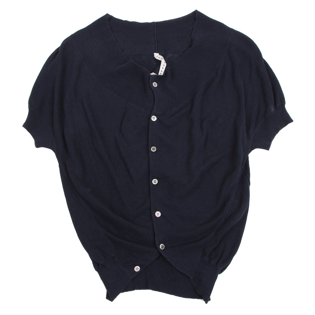 ISSEY MIYAKE JAPAN. sunaokuwahara. Navy Cotton Rib Neck Knit Cardigan Top