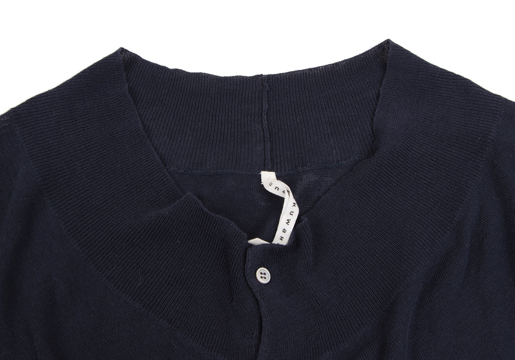 ISSEY MIYAKE JAPAN. sunaokuwahara. Navy Cotton Rib Neck Knit Cardigan Top