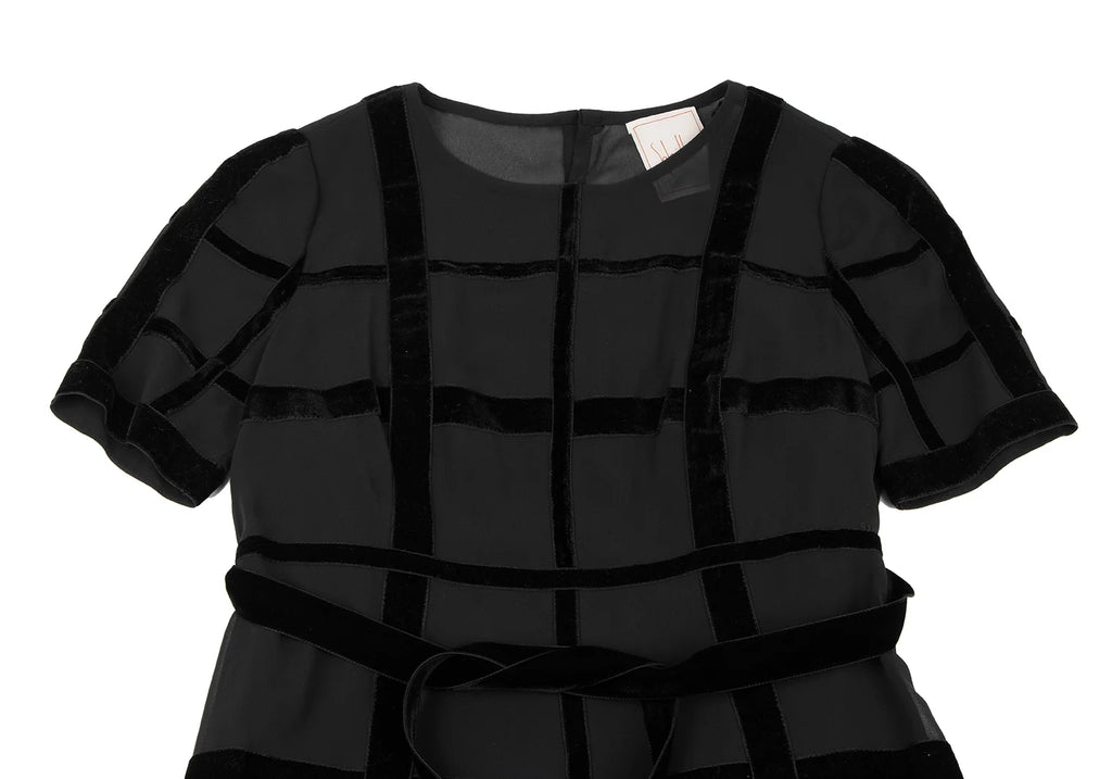 Sybilla Madrid. Black Velor Lattice Short Sleeve Dress