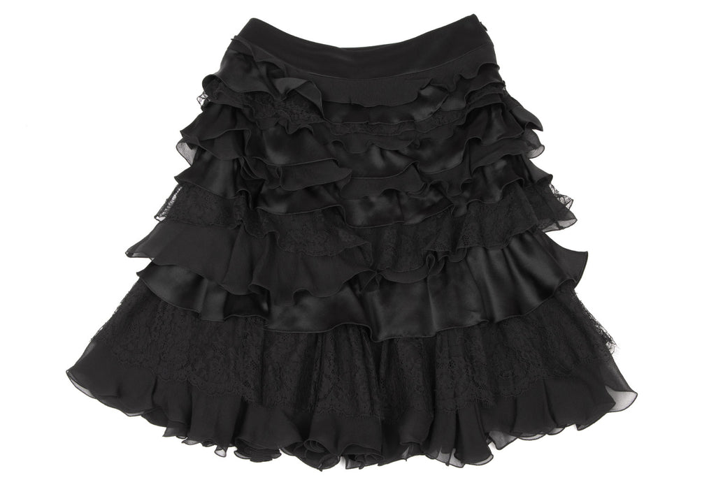 ISSEY MIYAKE JAPAN. EPOCA Black Silk Frill Tiered Skirt