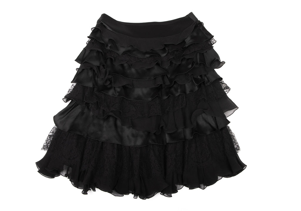 ISSEY MIYAKE JAPAN. EPOCA Black Silk Frill Tiered Skirt