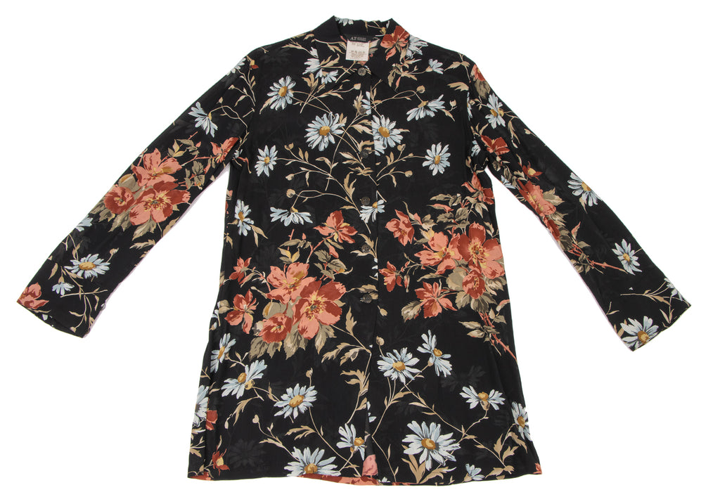 A/T ATSURO TAYAMA JAPAN. Black, Multi-Color Floral Printed Semi-Sheer Long Sleeve Tunic/Shirt Dress