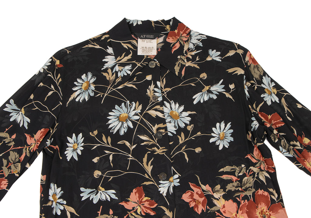 A/T ATSURO TAYAMA JAPAN. Black, Multi-Color Floral Printed Semi-Sheer Long Sleeve Tunic/Shirt Dress