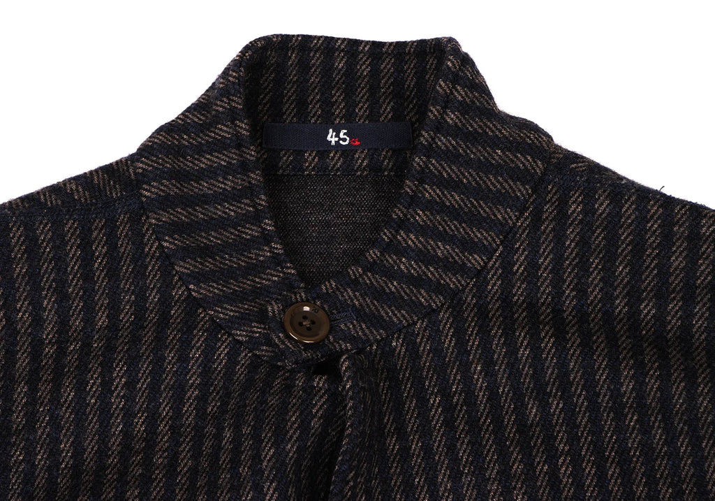 45RPM 45R JAPAN. Navy Wool Striped Mao Collar Knit Jacket